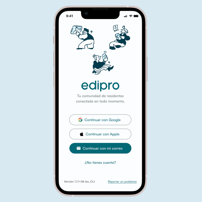Para iniciar sesión en tu app EdiPro Residentes puedes ingresar con tu correo, con tu cuenta de Apple o de Google.
